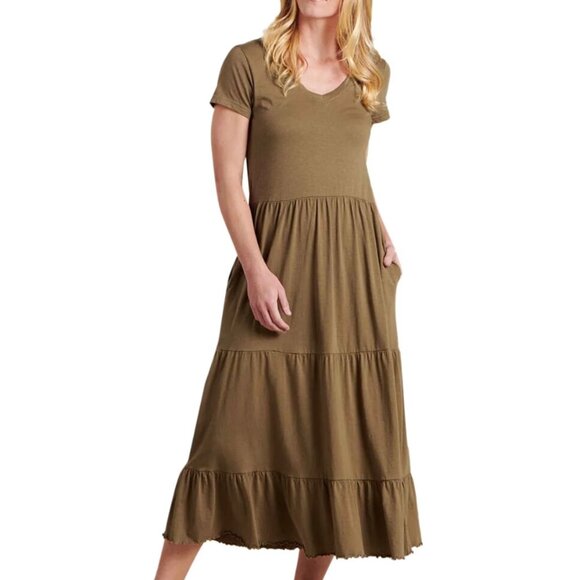 Toad&Co Primo Tiered Midi Short Sleeve Dress Brown Green Cotton Outdoors Large - Picture 1 of 10
